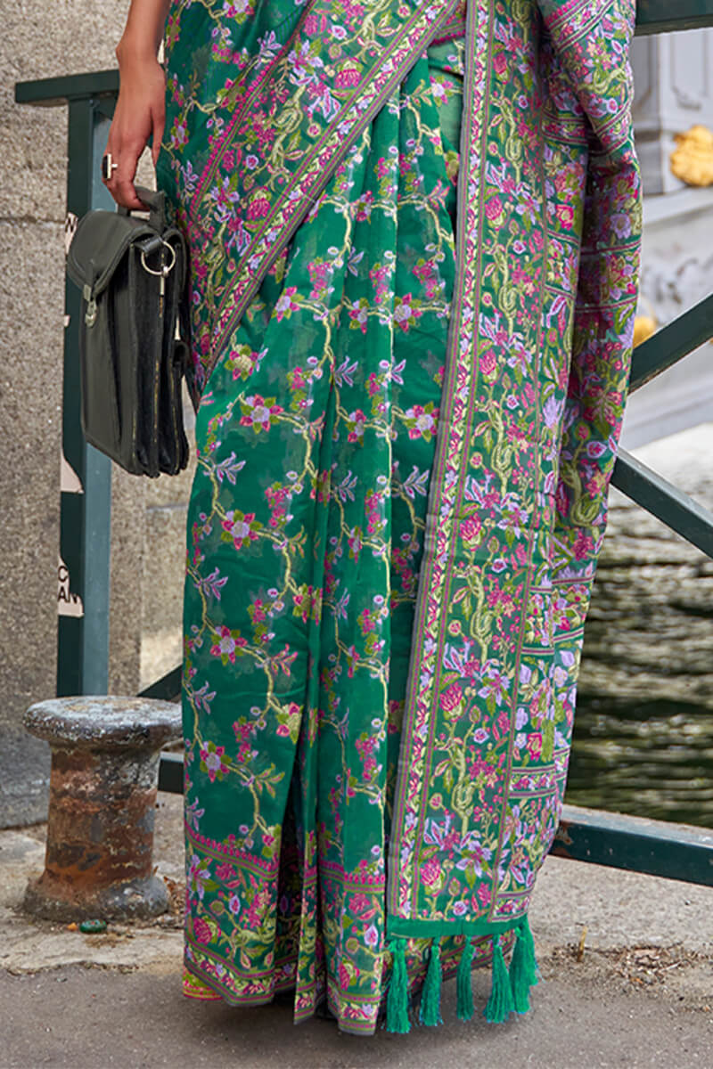 Enigmatic Dark Green Pashmina saree With Profuse Blouse Piece - Image 3