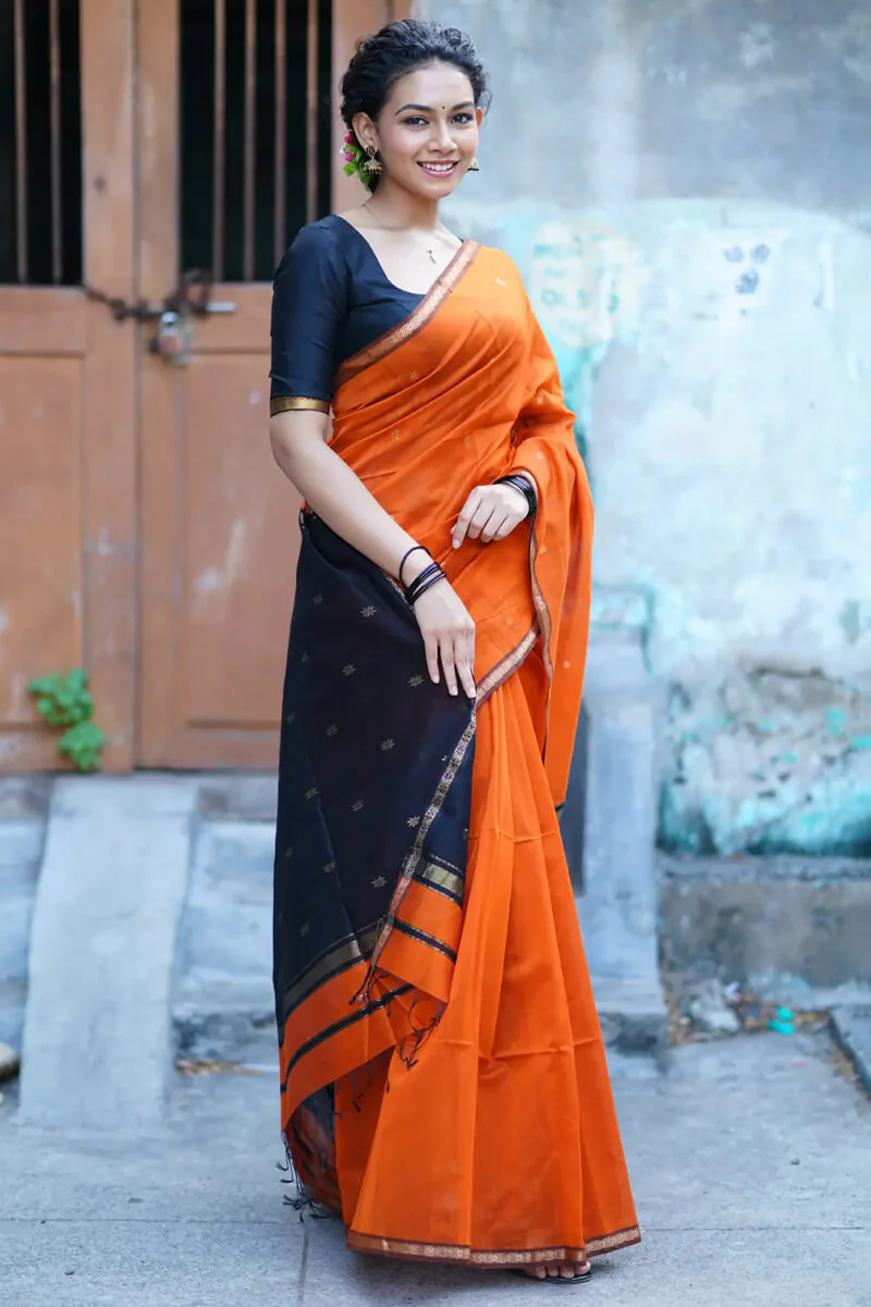 Enigmatic Orange Cotton Silk Saree With Panache Blouse Piece - Image 4