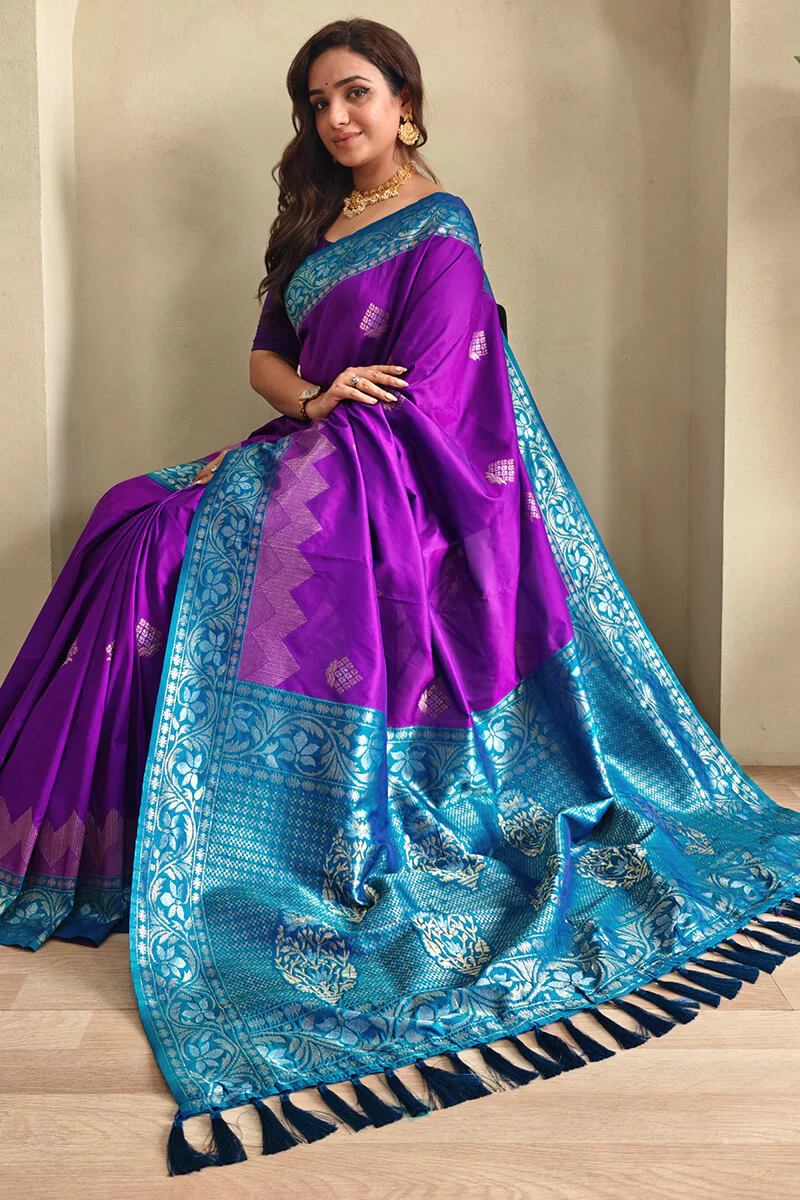 Enigmatic Purple Soft Banarasi Silk Saree With Panache Blouse Piece - Image 4