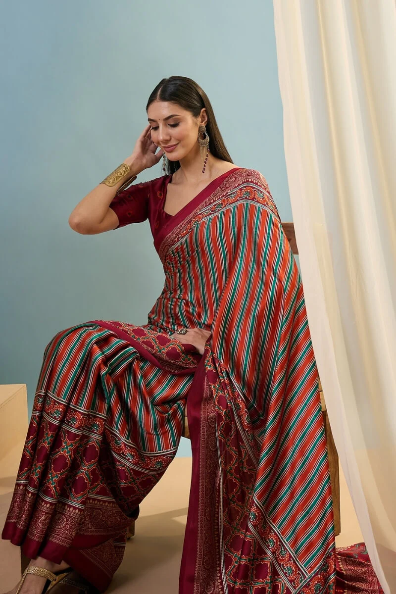 Enigmatic Red Ajrakh Printed Semi Modal Silk Saree With Blissful Blouse Piece - Image 2
