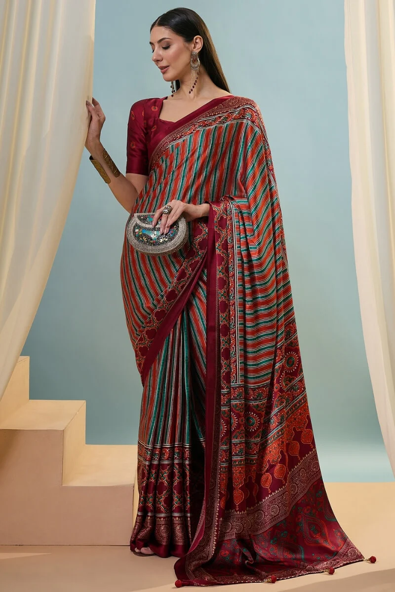 Enigmatic Red Ajrakh Printed Semi Modal Silk Saree With Blissful Blouse Piece - Image 5
