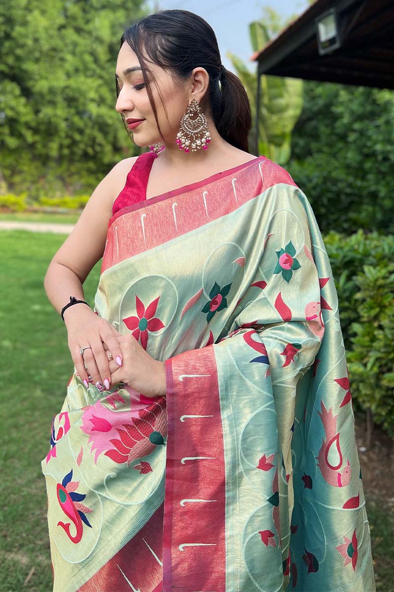 Enigmatic Sea Green Paithani Silk Saree With Intricate Blouse Piece - Image 2