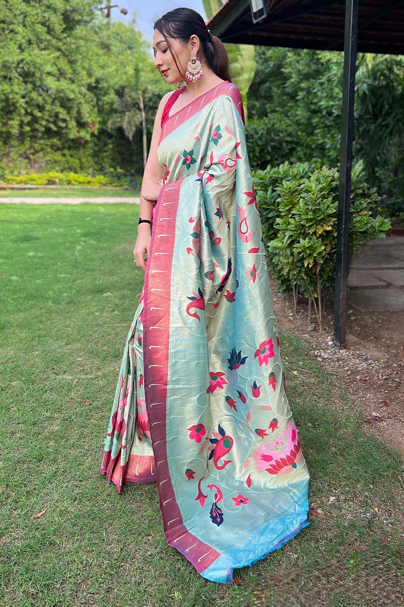 Enigmatic Sea Green Paithani Silk Saree With Intricate Blouse Piece - Image 3