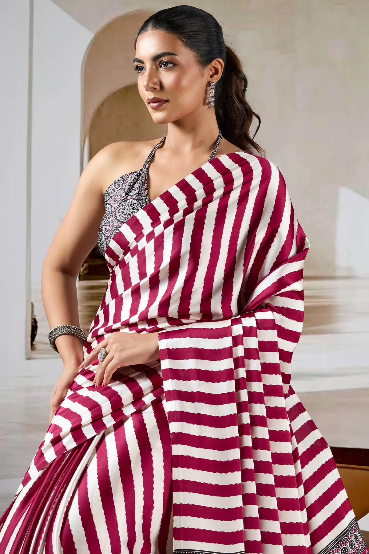 Enthralling Maroon Ajrakh Printed Satin Silk Saree With Divine Blouse Piece - Image 2