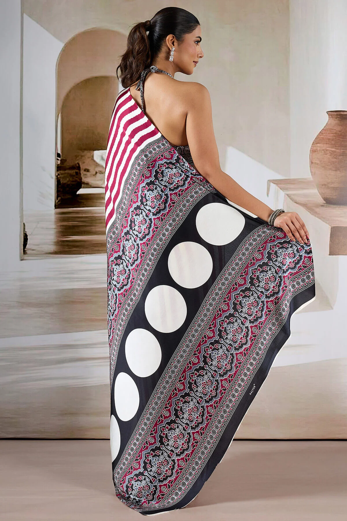 Enthralling Maroon Ajrakh Printed Satin Silk Saree With Divine Blouse Piece - Image 6