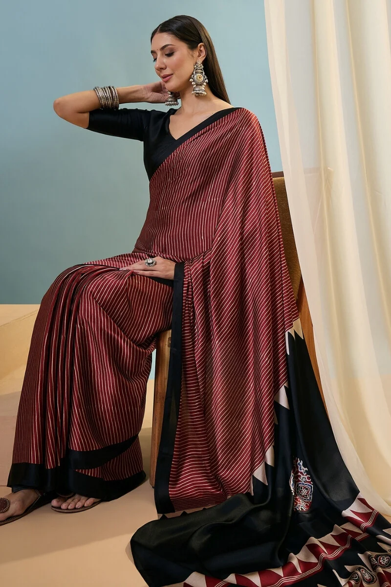 Enthralling Maroon Ajrakh Printed Semi Modal Silk Saree With Desuetude Blouse Piece - Image 5