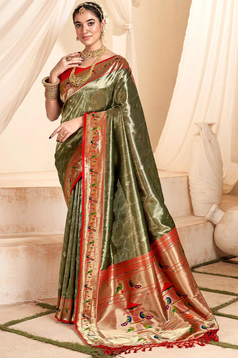 Enthralling Mehndi Paithani Silk Saree With Glittering Blouse Piece
