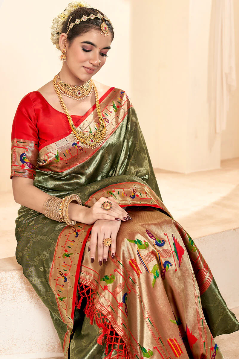 Enthralling Mehndi Paithani Silk Saree With Glittering Blouse Piece - Image 2