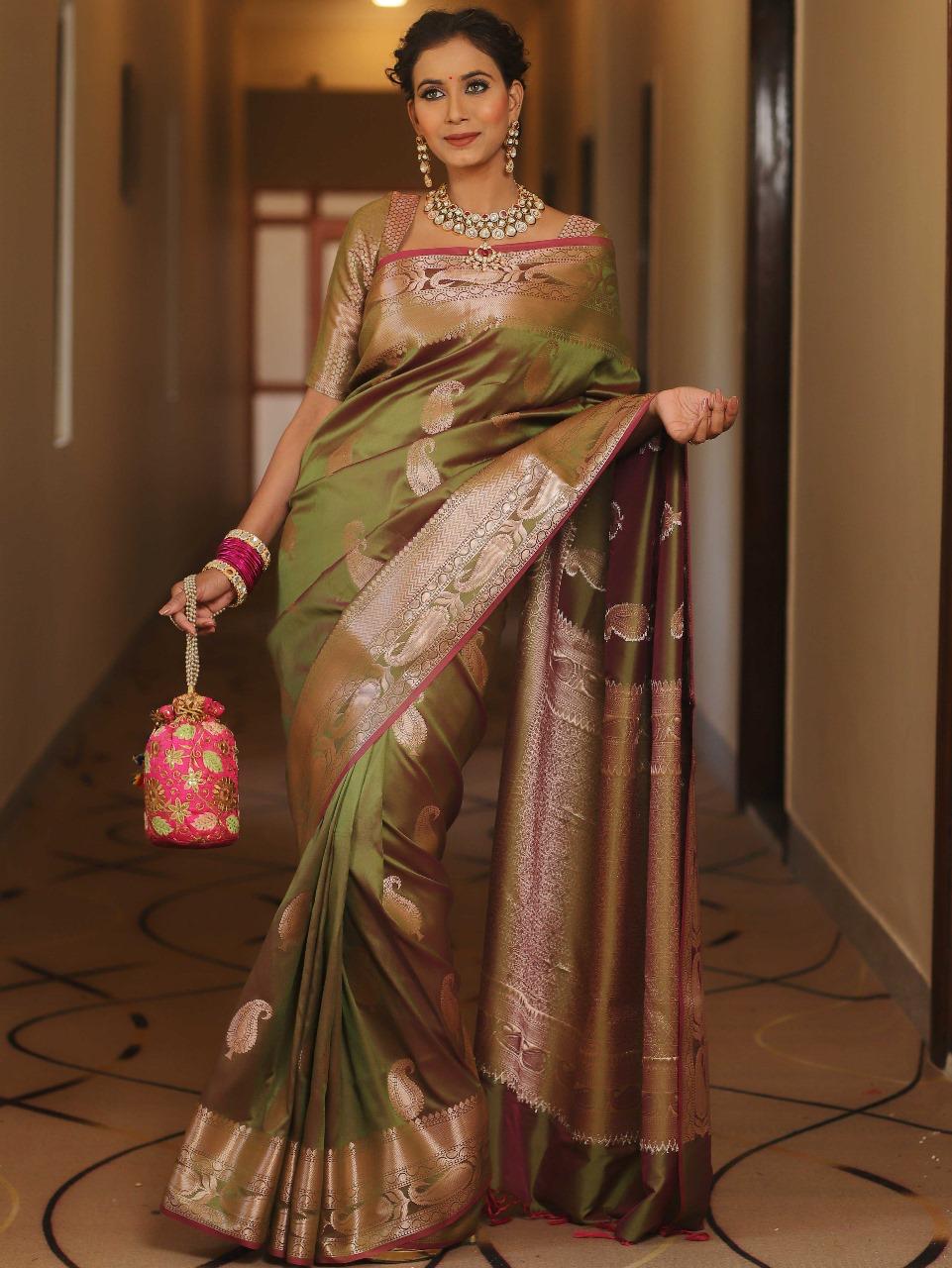 Enthralling Mehndi Soft Banarasi Silk Saree With Deserving Blouse Piece - Image 4