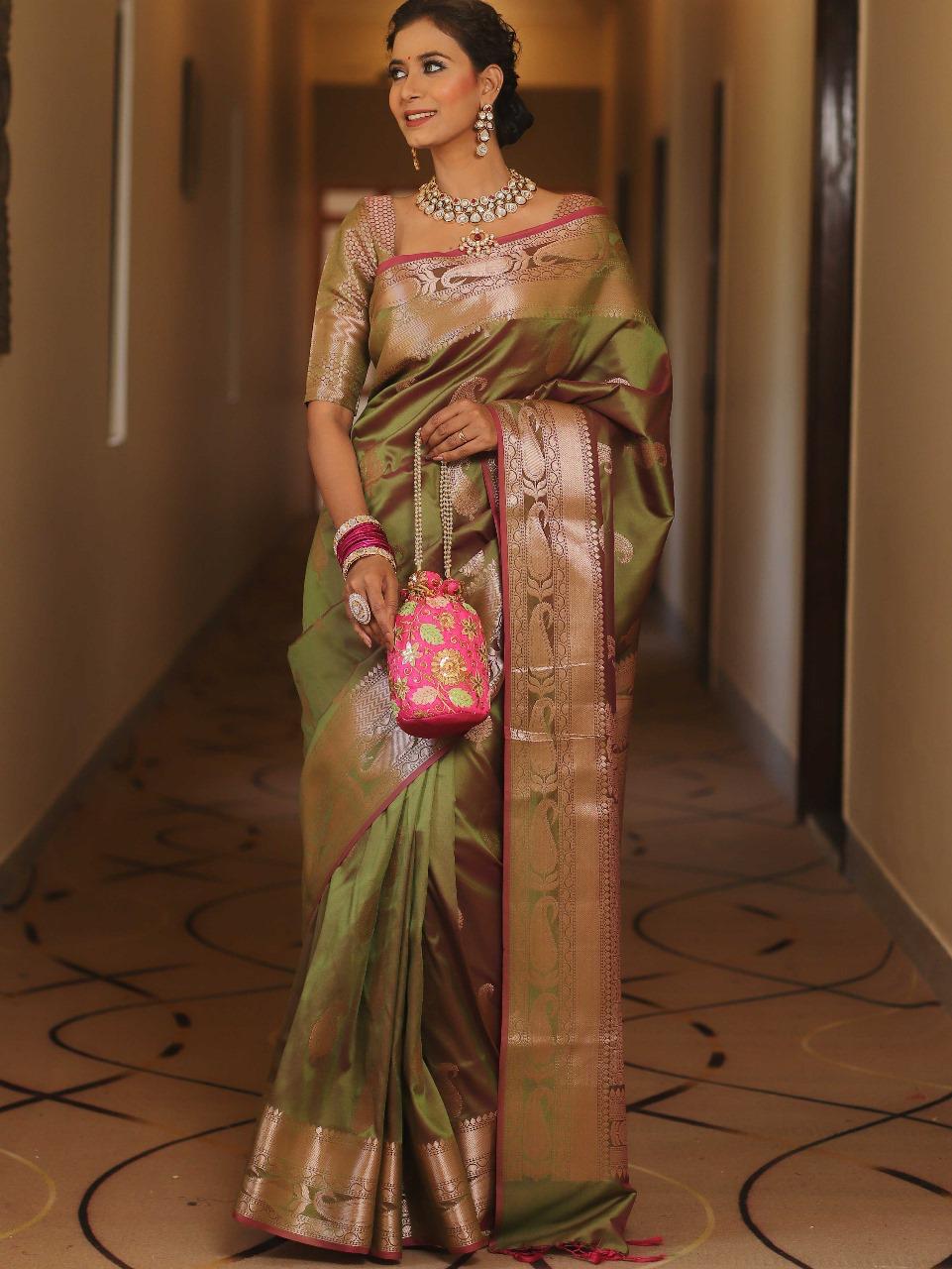 Enthralling Mehndi Soft Banarasi Silk Saree With Deserving Blouse Piece - Image 6