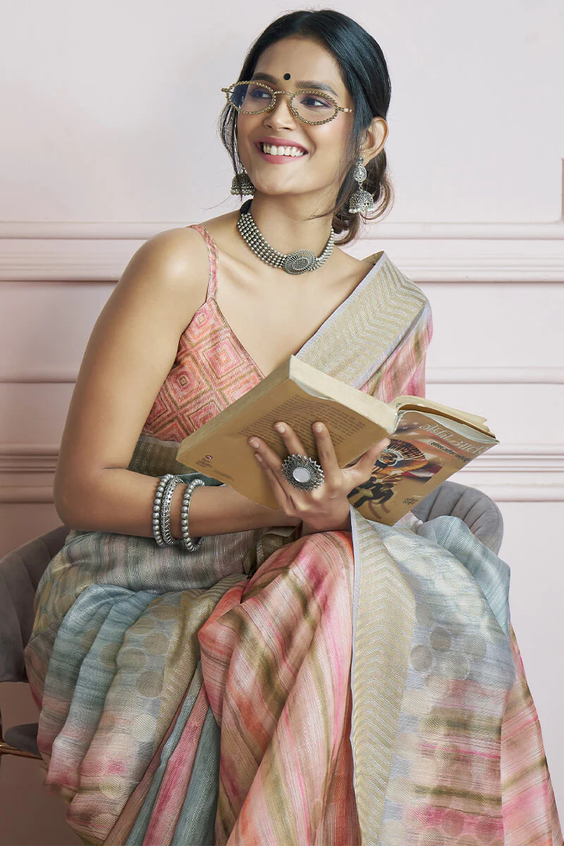 Enthralling Multicolor Digital Printed Khadi Silk Saree With Staring Blouse Piece - Image 4