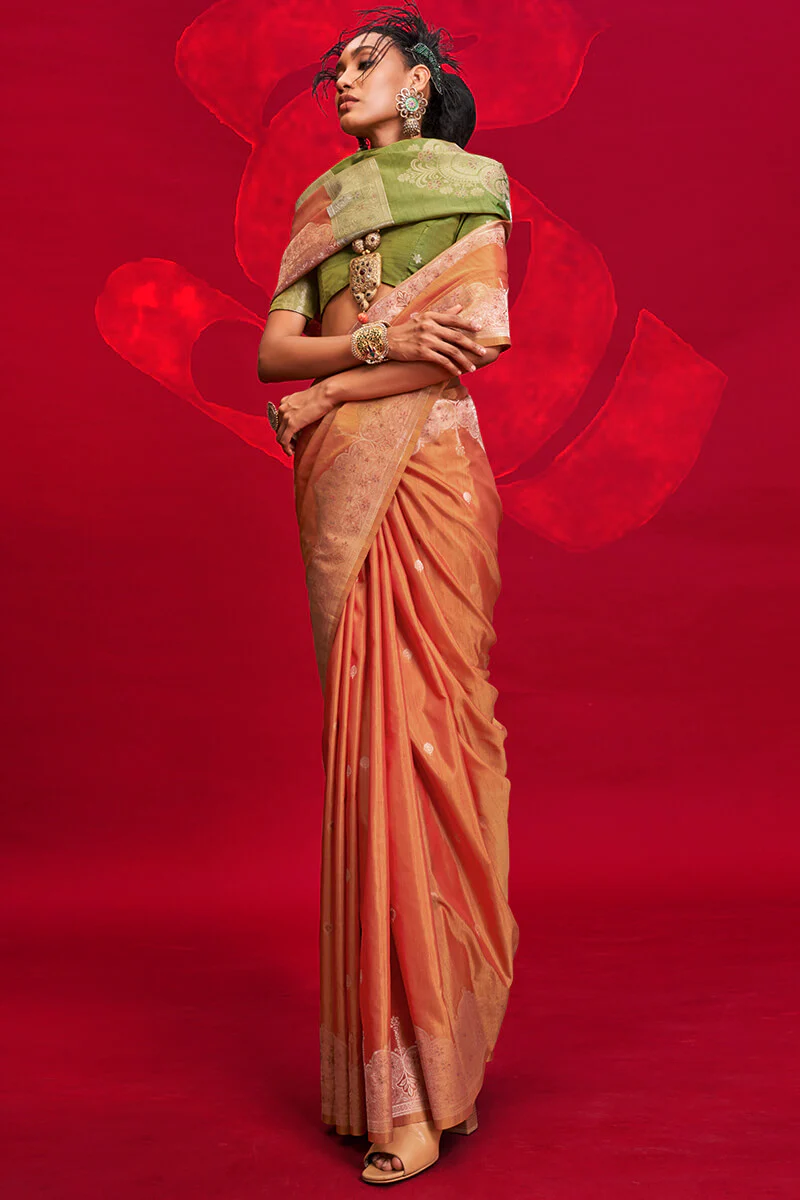 Enthralling Orange Soft Banarasi Silk Saree With Alluring Blouse Piece - Image 2