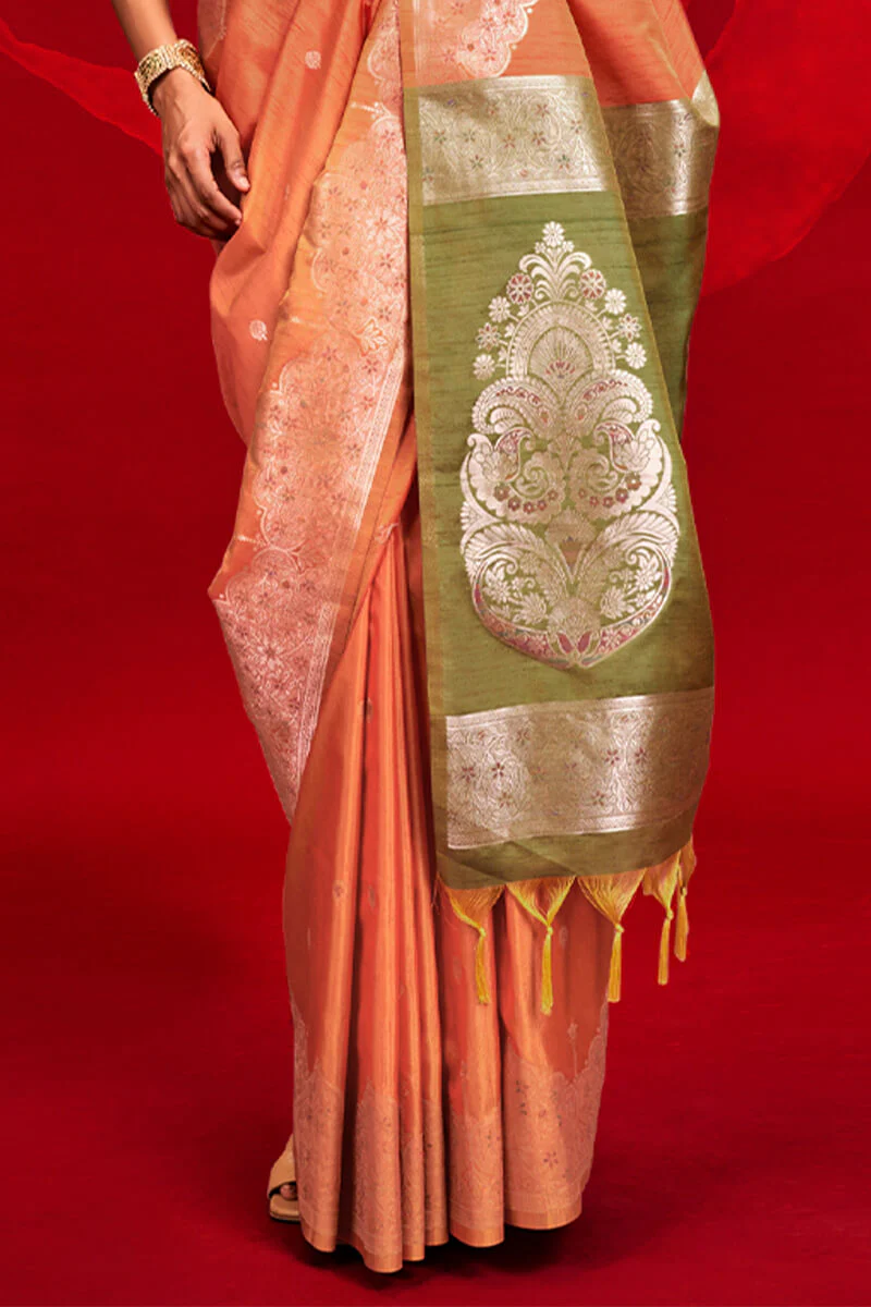 Enthralling Orange Soft Banarasi Silk Saree With Alluring Blouse Piece - Image 3