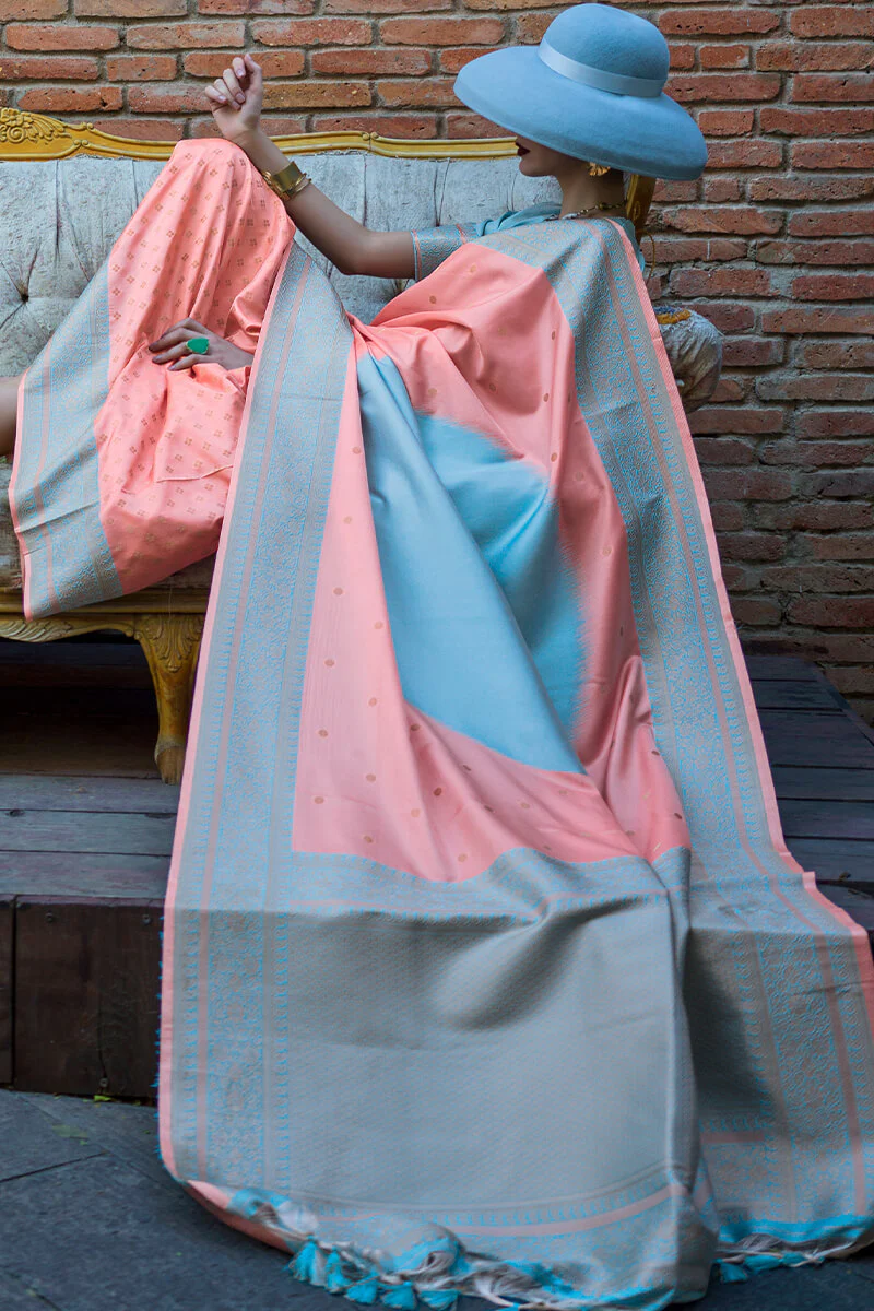 Enthralling Peach Soft Banarasi Silk Saree With Alluring Blouse Piece - Image 2