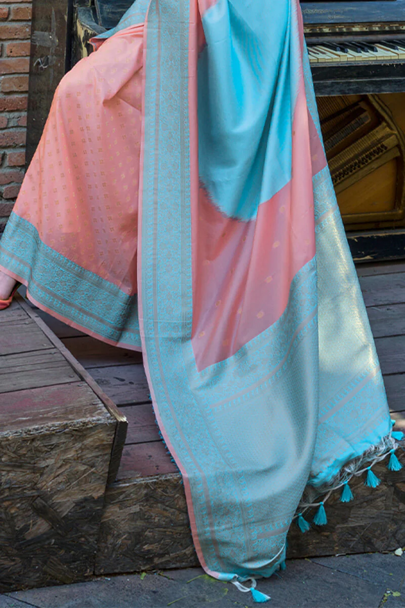 Enthralling Peach Soft Banarasi Silk Saree With Alluring Blouse Piece - Image 4