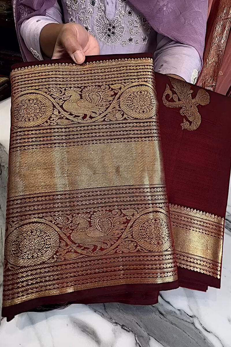 Enthralling Wine Soft Banarasi Silk Saree With Petrichor Blouse Piece - Image 3