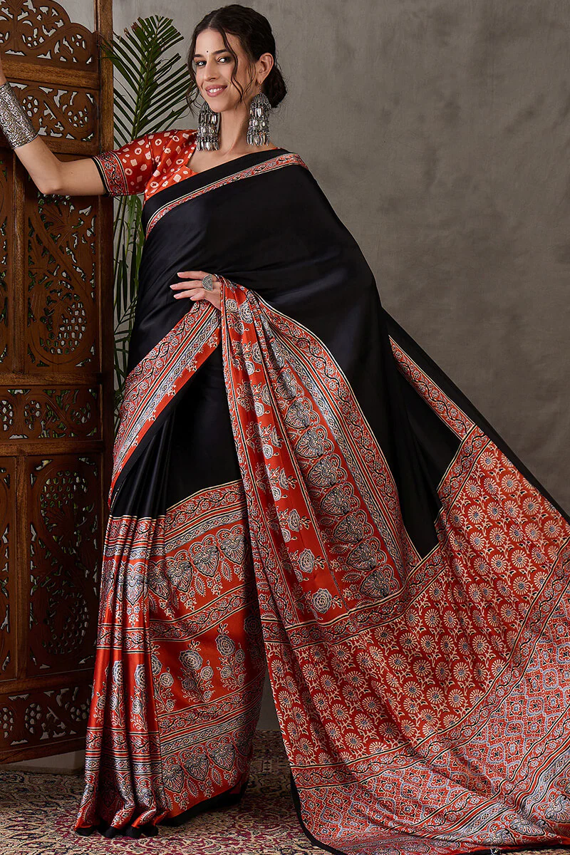 Enticing Black Ajrakh Printed Semi Modal Silk Saree With Winsome Blouse Piece - Image 3