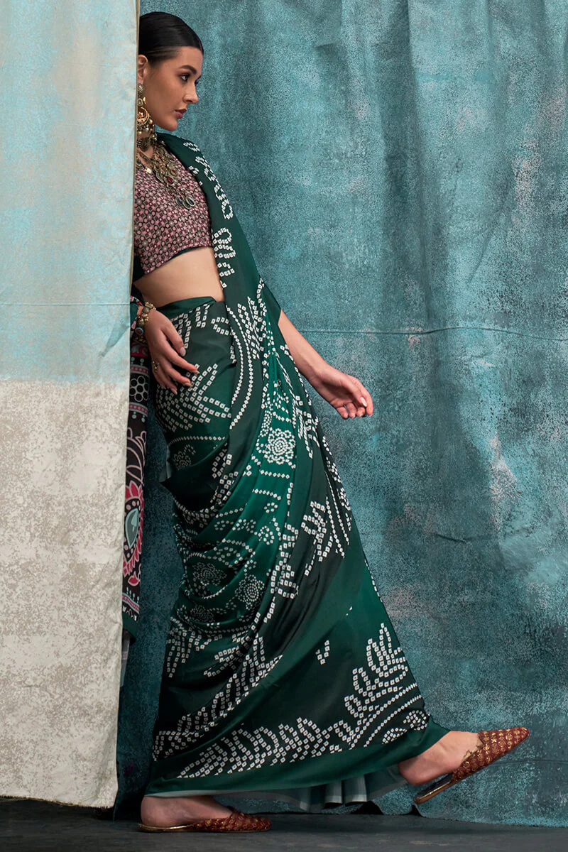 Enticing Dark Green Digital Printed Crape Silk Saree With Diaphanous Blouse Piece - Image 3