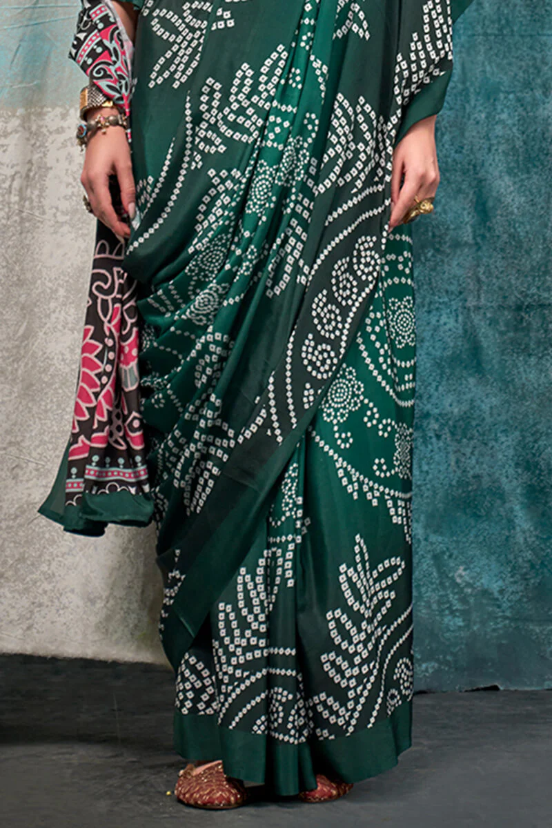 Enticing Dark Green Digital Printed Crape Silk Saree With Diaphanous Blouse Piece - Image 4