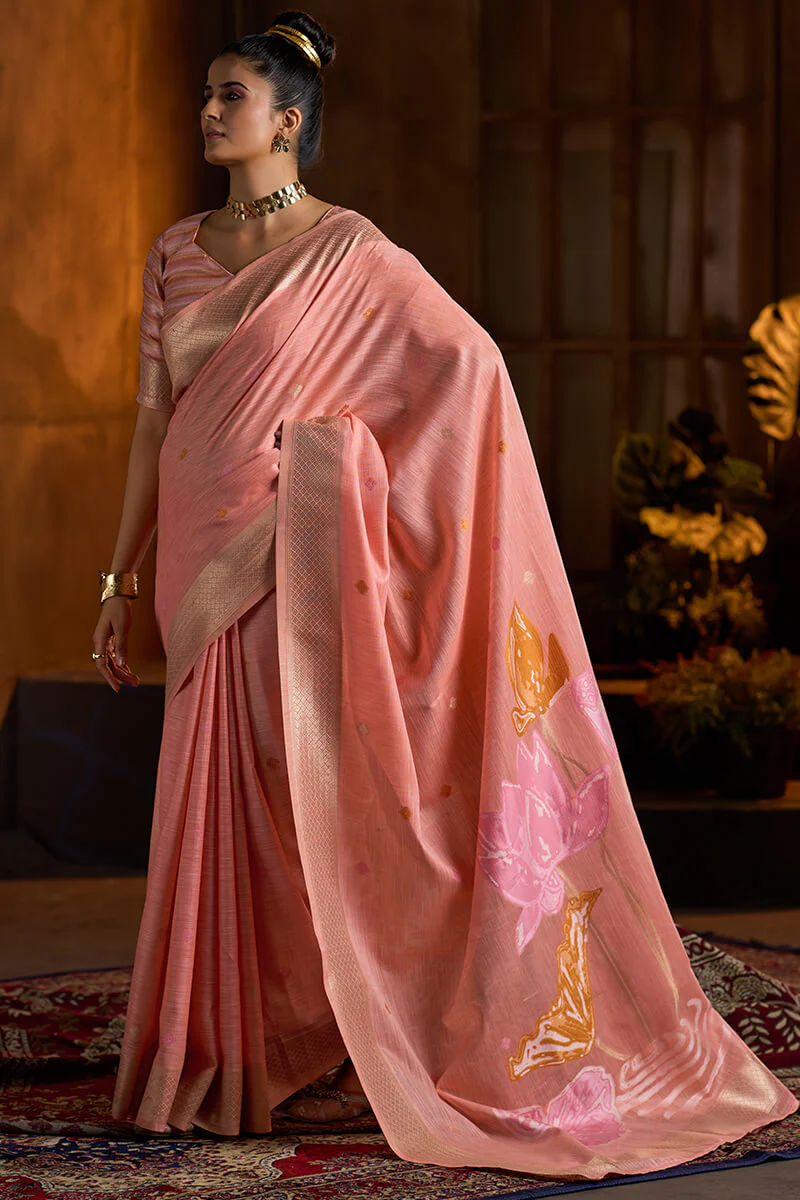 Enticing Peach Cotton Silk Saree With Chatoyant Blouse Piece - Image 3