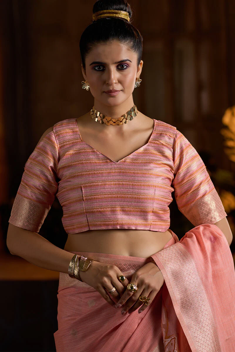 Enticing Peach Cotton Silk Saree With Chatoyant Blouse Piece - Image 4