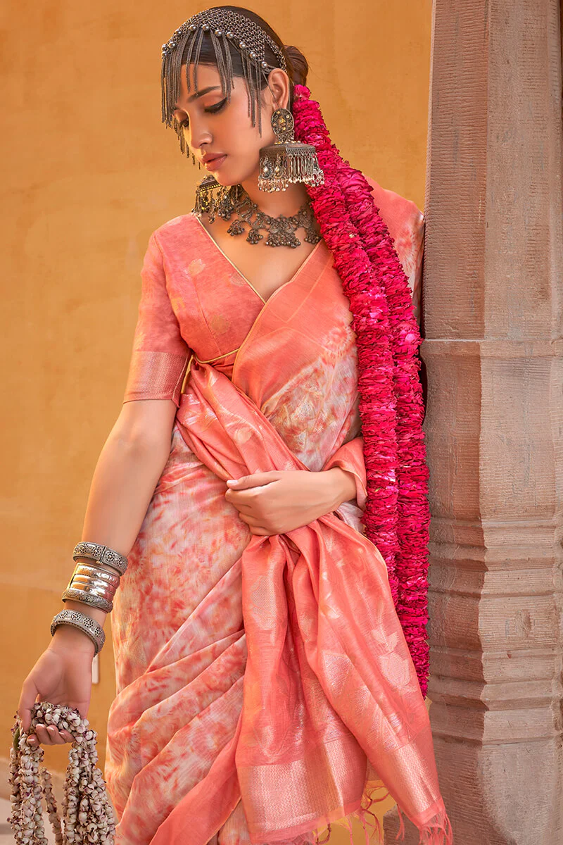 Enticing Peach Digital Printed Cotton Silk Saree With Panache Blouse Piece - Image 2