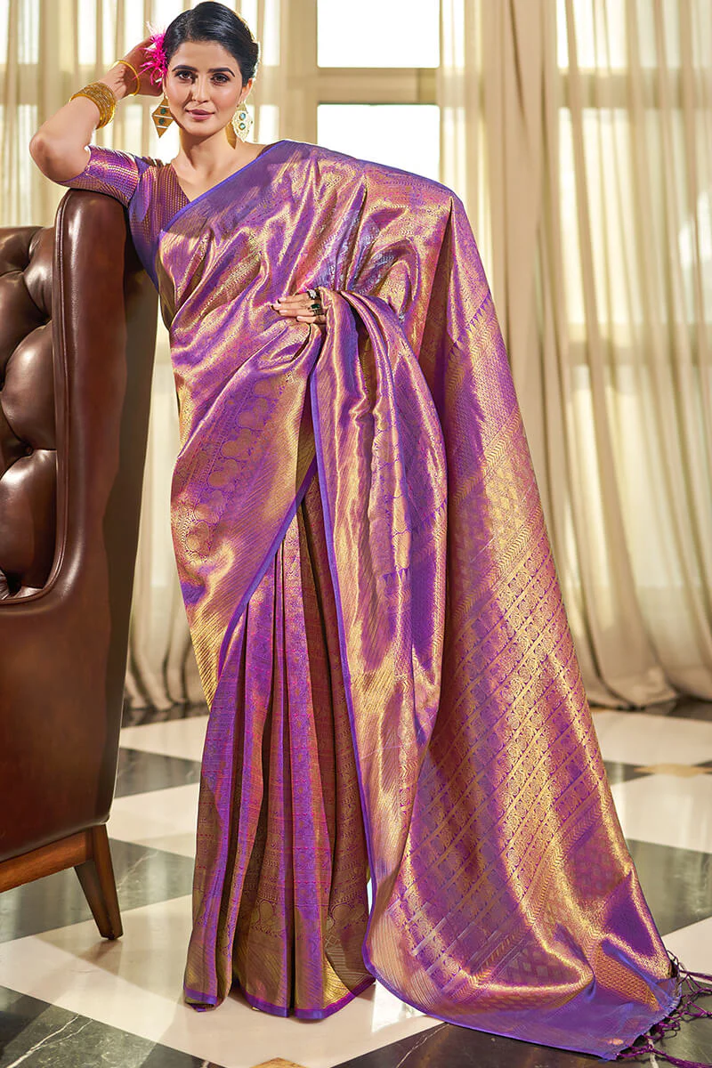 Enticing Purple Kanjivaram Silk Saree With Beleaguer Blouse Piece - Image 4