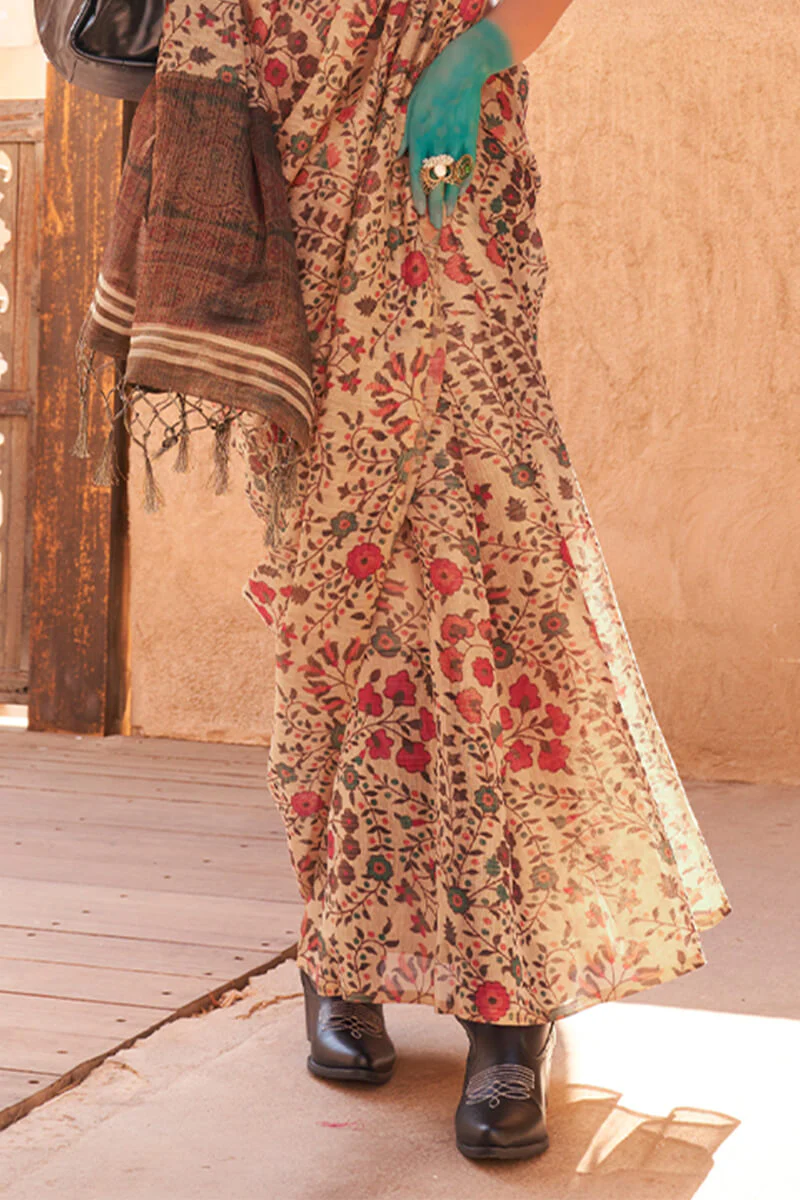 Entrancing Beige  Digital Printed Tissue Silk Saree With Ideal Blouse Piece - Image 3