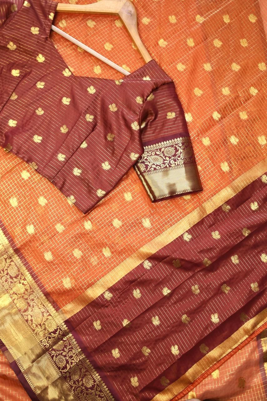 Entrancing Orange Banarasi Tissue Silk Saree With Ephemeral Blouse Piece - Image 3