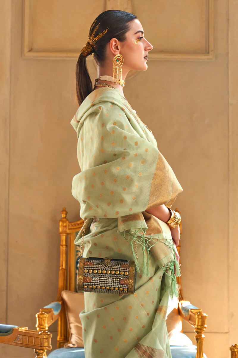 Entrancing Pista Soft Banarasi Silk Saree With Eloquence Blouse Piece - Image 2