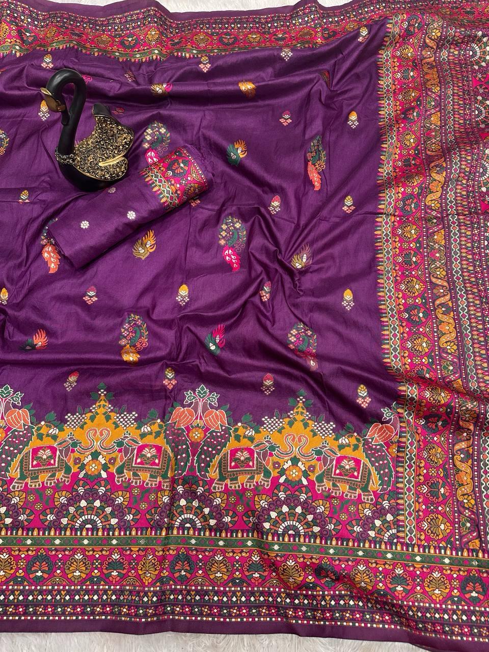 Entrancing Purple Pashmina Saree With Beleaguer Blouse Piece - Image 2