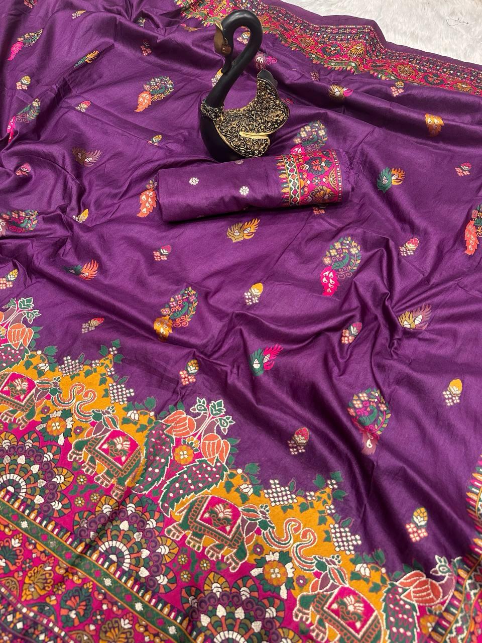 Entrancing Purple Pashmina Saree With Beleaguer Blouse Piece - Image 3