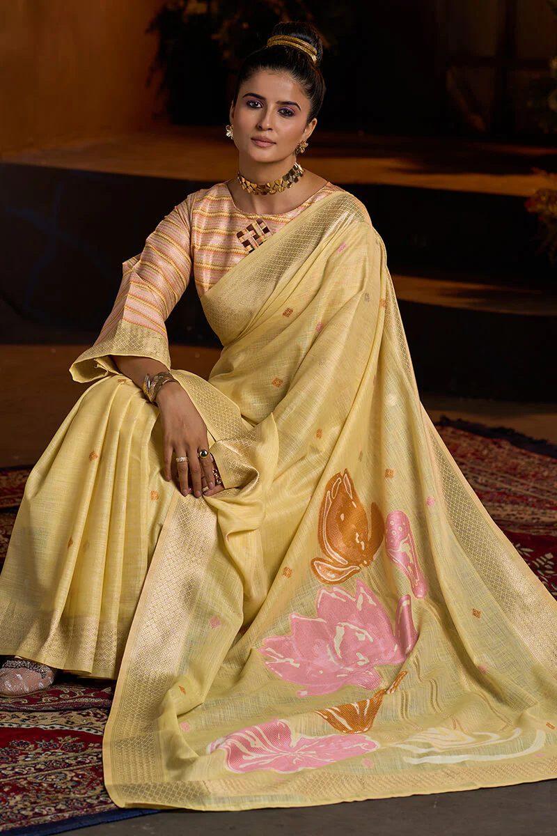 Entrancing Yellow Cotton Silk Saree With Gratifying Blouse Piece - Image 2