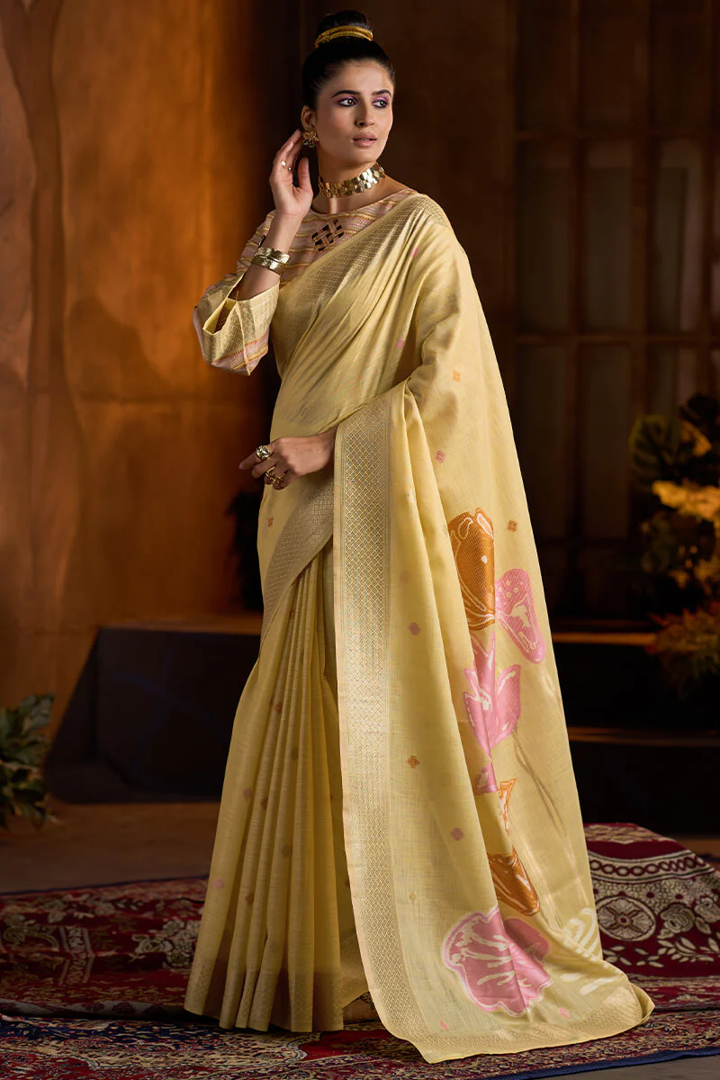 Entrancing Yellow Cotton Silk Saree With Gratifying Blouse Piece - Image 3