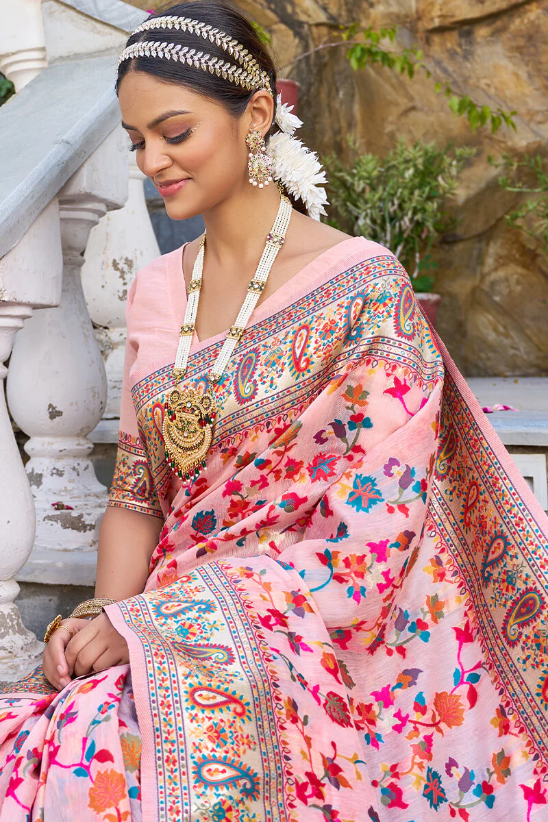 Ephemeral Baby Pink Pashmina saree With Lissome Blouse Piece - Image 5