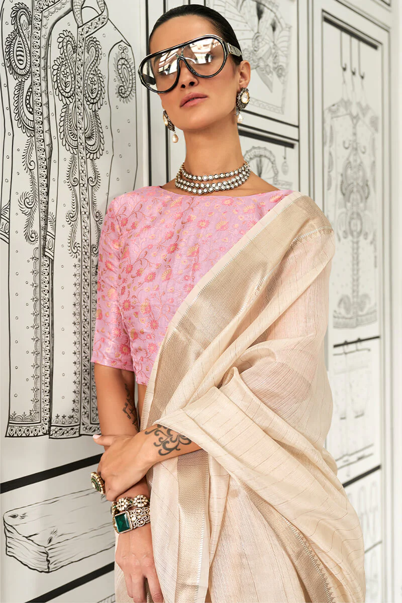Ephemeral Beige Soft Silk Saree With Magnetic Blouse Piece - Image 2