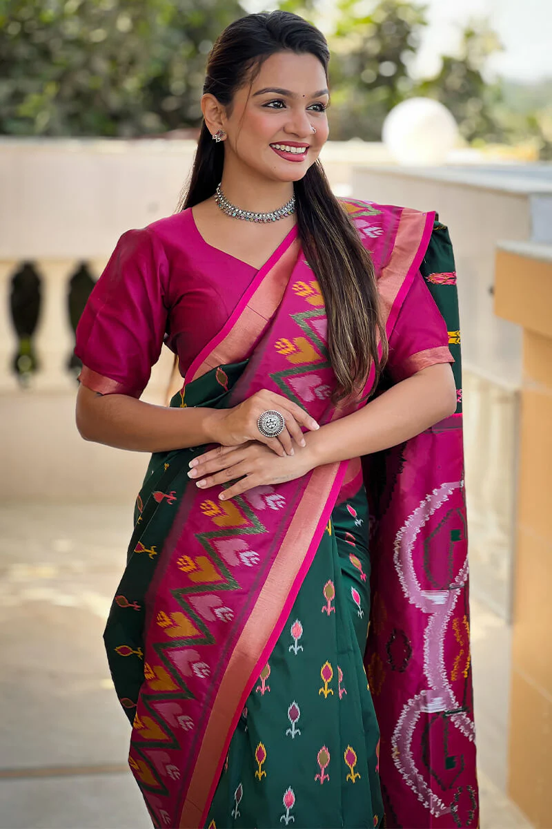 Ephemeral Dark Green Soft Banarasi Silk Saree With Elision Blouse Piece - Image 2