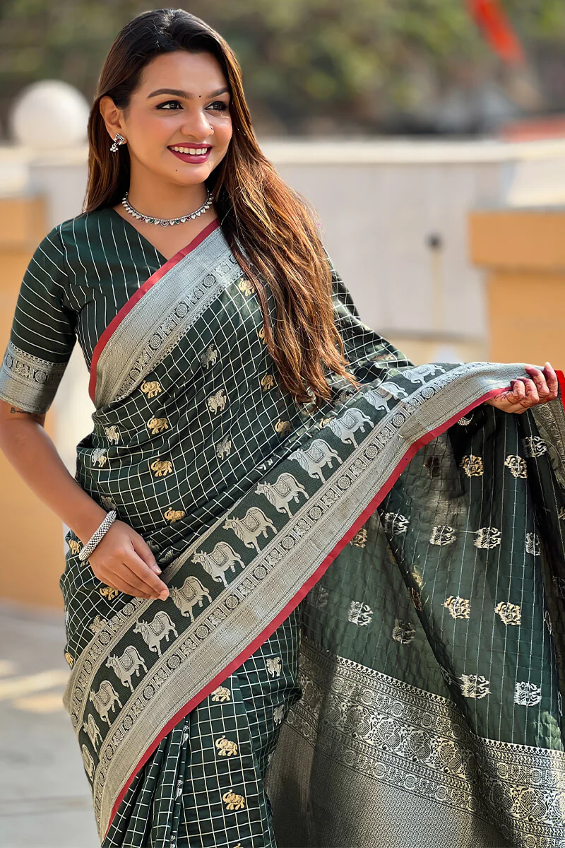 Ephemeral Dark Green Soft Banarasi Silk Saree With Phenomenal Blouse Piece - Image 3