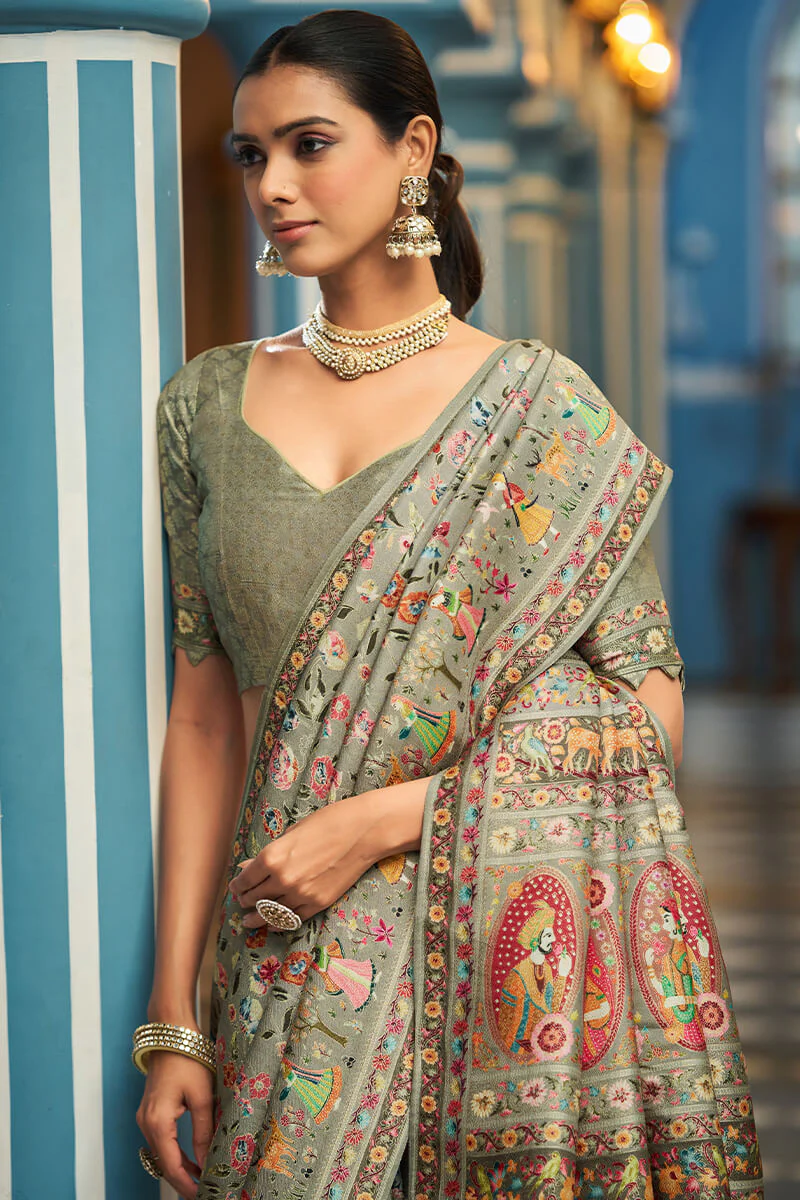Ephemeral Green Pashmina Saree With Divine Blouse Piece - Image 5