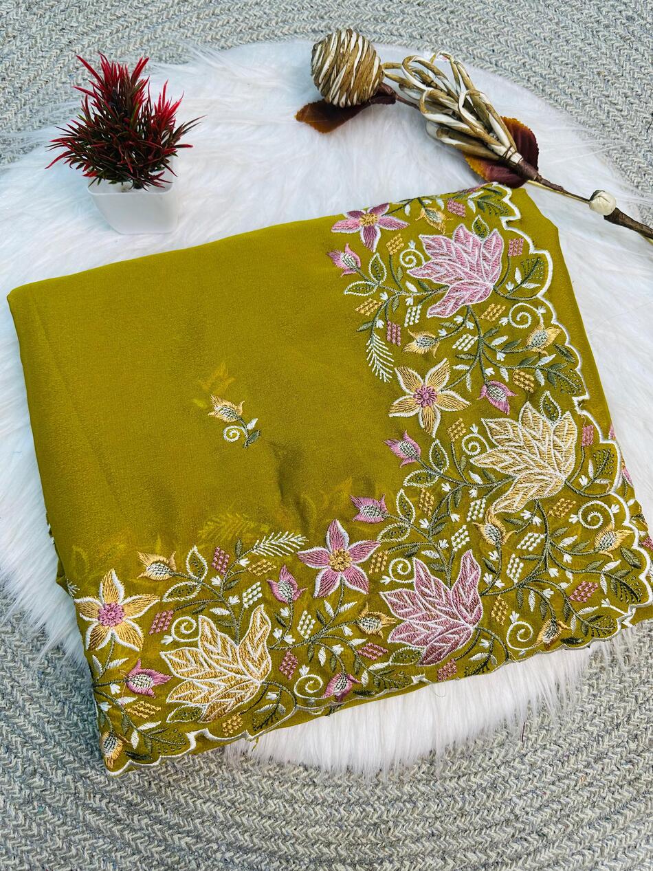 Ephemeral Mehndi Embroidery Work Georgette Saree With Stylish Blouse Piece - Image 2