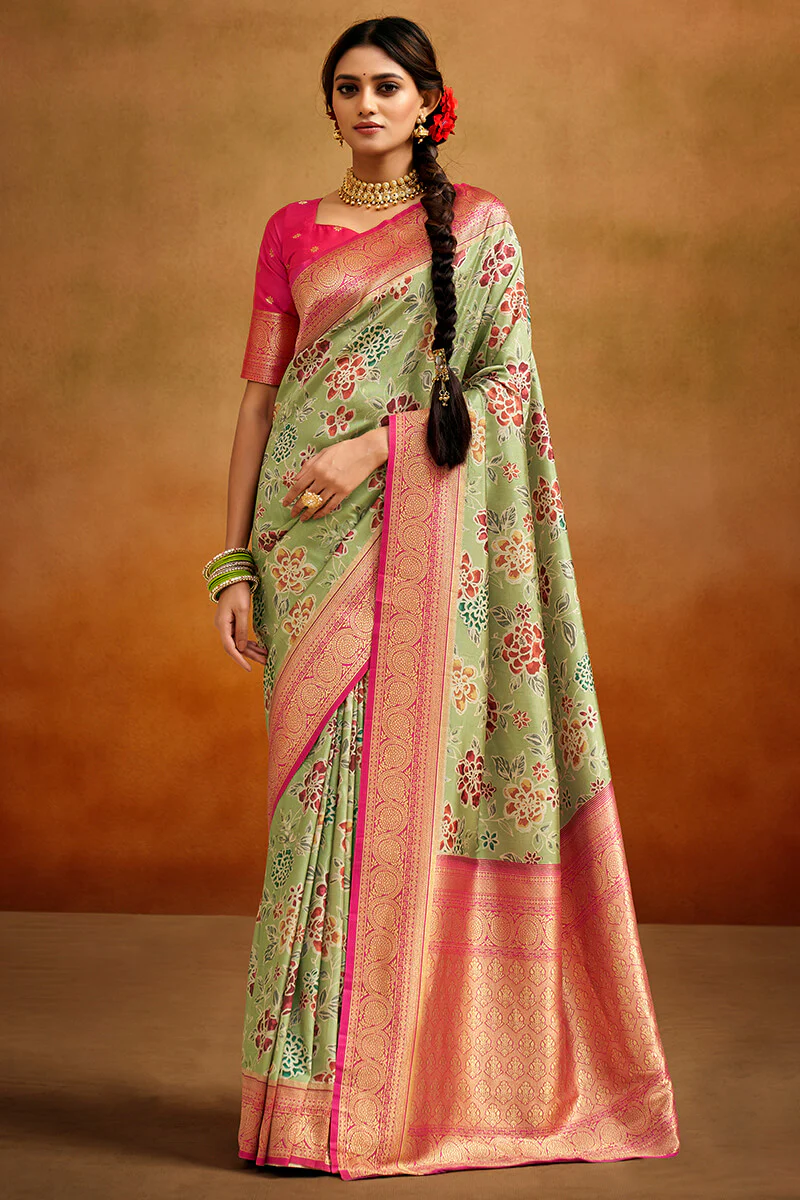 Ephemeral Pista Kalamkari Printed Saree With Winsome Blouse Piece