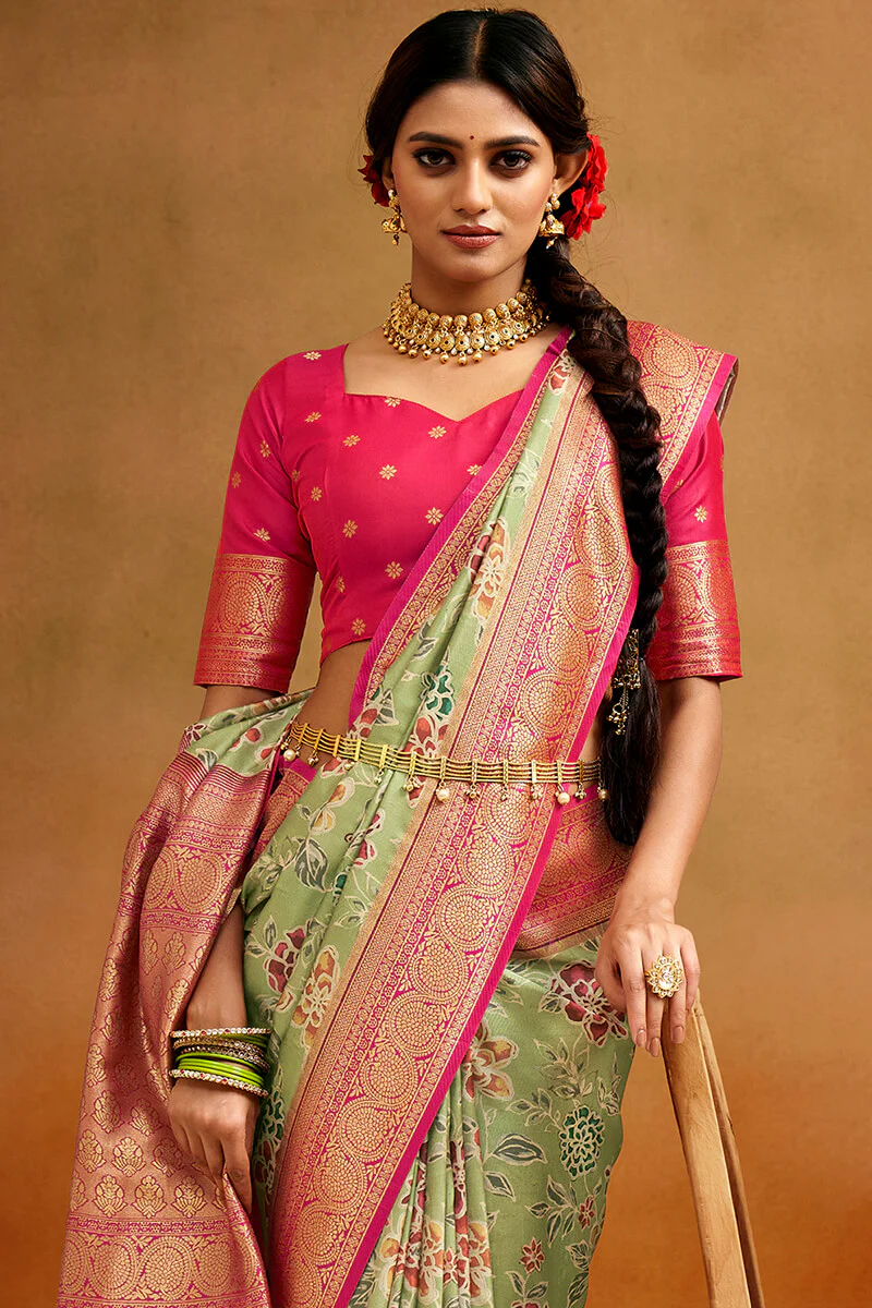 Ephemeral Pista Kalamkari Printed Saree With Winsome Blouse Piece - Image 2