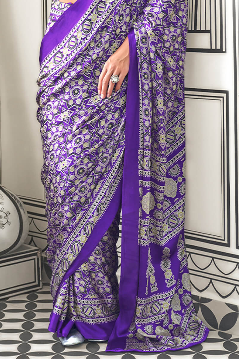 Ephemeral Purple Digital Printed Satin Silk Saree With Nemesis Blouse Piece - Image 3