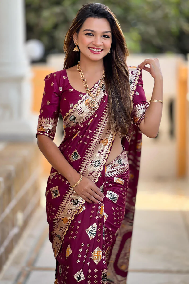 Ephemeral Wine Soft Banarasi Silk Saree With Allure Blouse Piece - Image 2