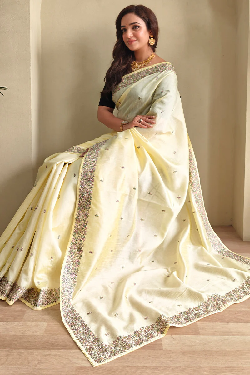 Ephemeral Yellow Embroidery Work Tussar Silk Saree With Beautiful Blouse Piece - Image 4