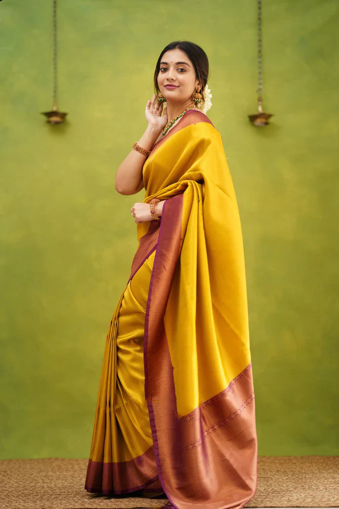 Epiphany Golden Soft Silk Saree with Improbable Blouse Piece - Image 4