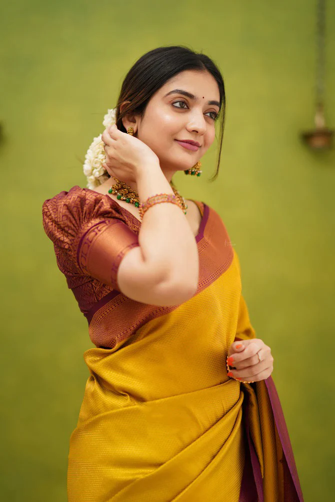 Epiphany Golden Soft Silk Saree with Improbable Blouse Piece - Image 5