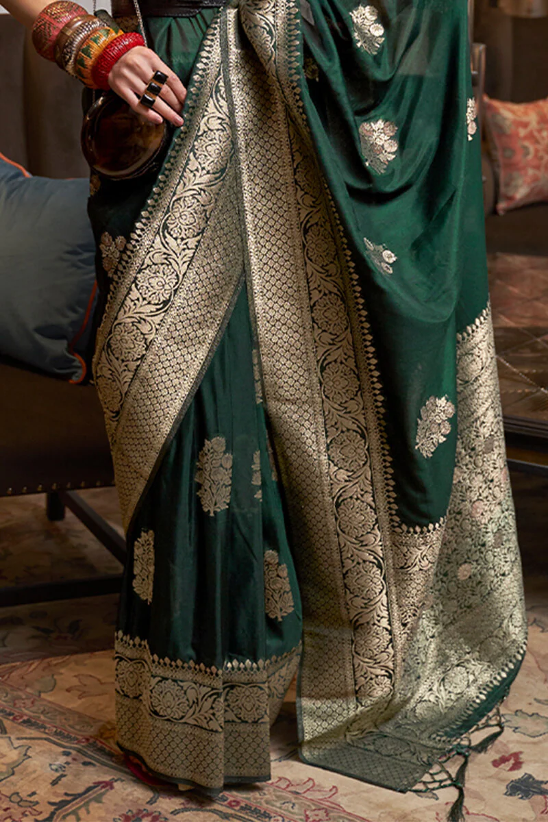 Epiphany Dark Green Soft Banarasi Silk Saree With Serendipity Blouse Piece - Image 3