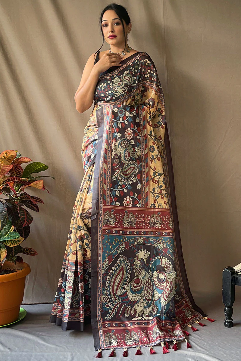 Epiphany Mustard Kalamkari Printed Saree With Brood Blouse Piece - Image 2
