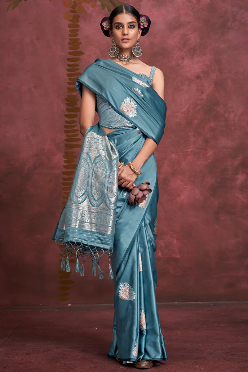 Ethereal Blue Banarasi Satin Silk Saree With Tempting Blouse - Image 3